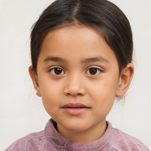 Neutral latino child female with medium  brown hair and brown eyes