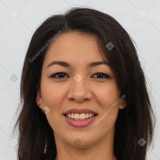 Joyful asian young-adult female with long  brown hair and brown eyes