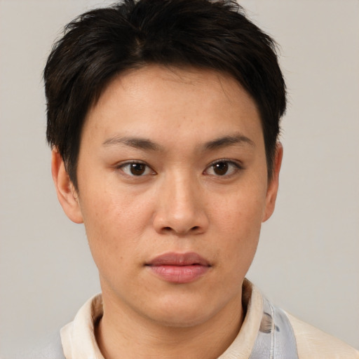 Neutral asian young-adult female with short  brown hair and brown eyes