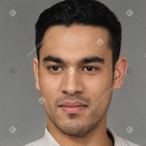 Neutral latino young-adult male with short  black hair and brown eyes