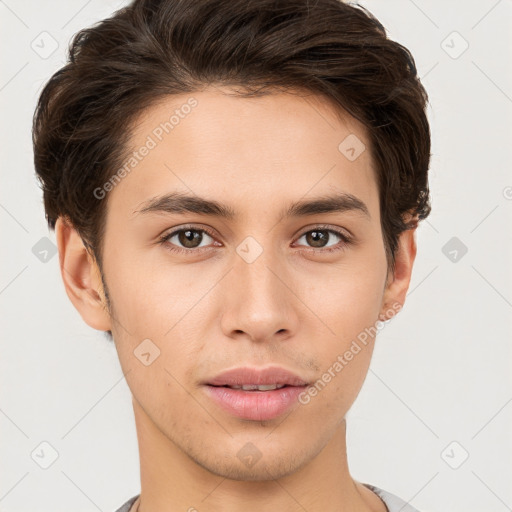 Neutral white young-adult male with short  brown hair and brown eyes