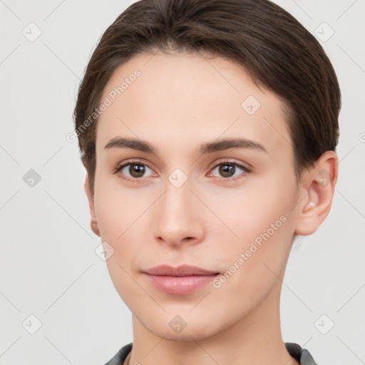 Neutral white young-adult female with short  brown hair and brown eyes