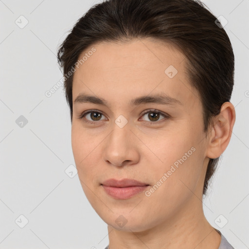 Joyful white young-adult female with medium  brown hair and brown eyes