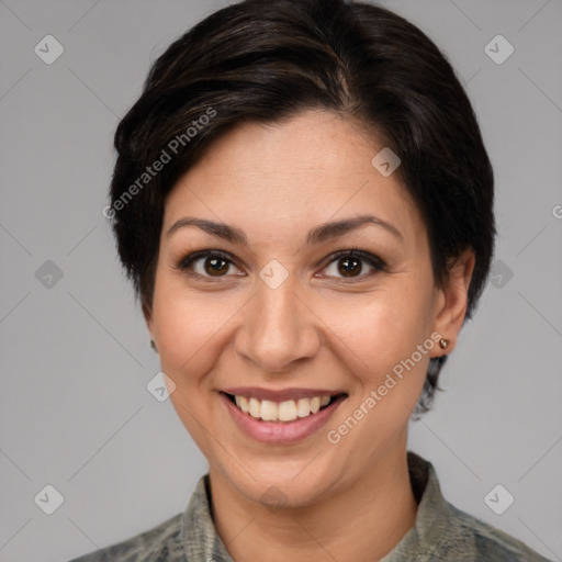 Joyful white young-adult female with medium  brown hair and brown eyes