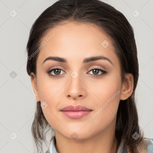 Neutral white young-adult female with medium  brown hair and brown eyes