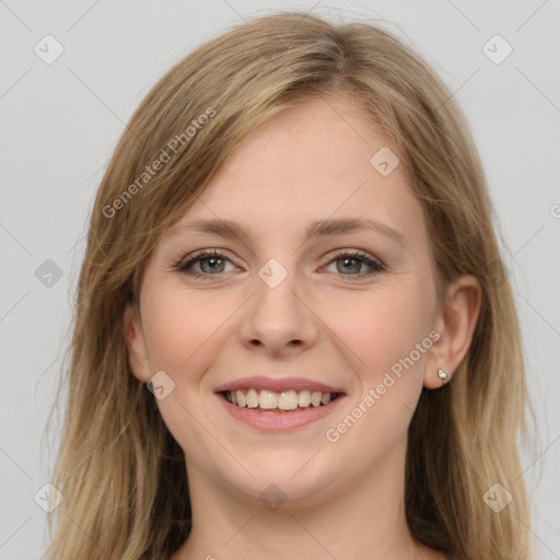 Joyful white young-adult female with long  brown hair and grey eyes