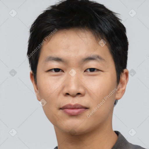 Neutral asian young-adult male with short  black hair and brown eyes