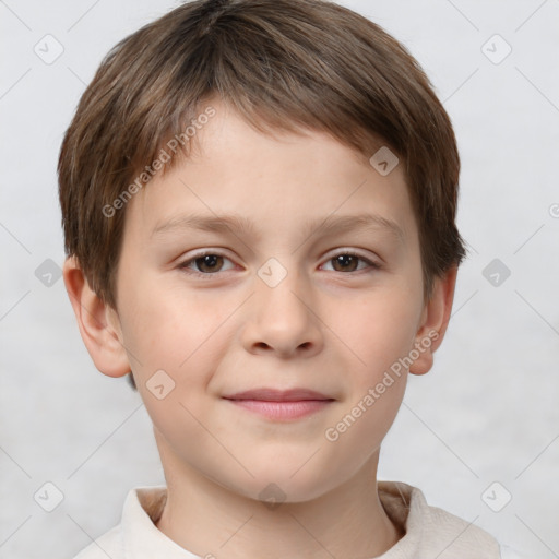 Joyful white child male with short  brown hair and brown eyes