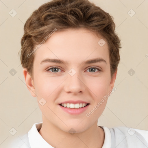 Joyful white child female with short  brown hair and brown eyes