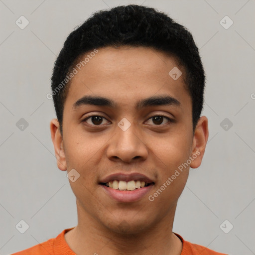 Joyful latino young-adult male with short  black hair and brown eyes