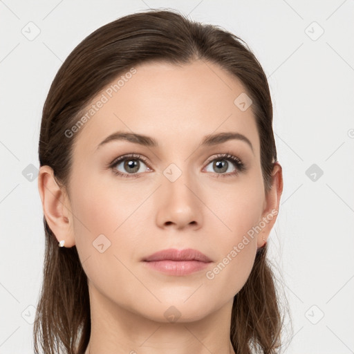 Neutral white young-adult female with long  brown hair and grey eyes