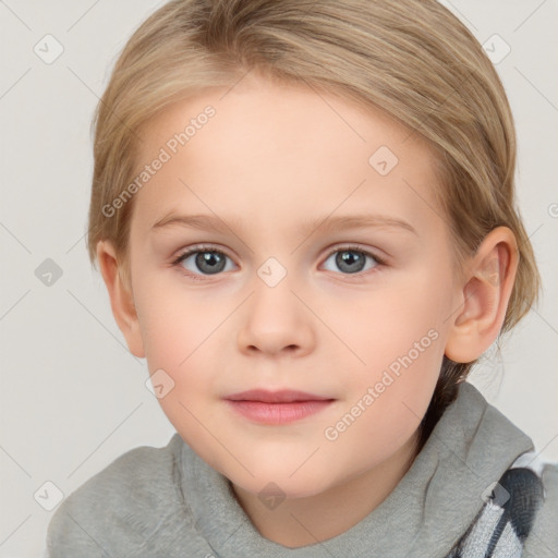 Neutral white child female with medium  brown hair and blue eyes