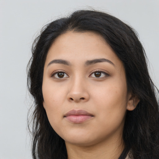 Neutral asian young-adult female with long  black hair and brown eyes