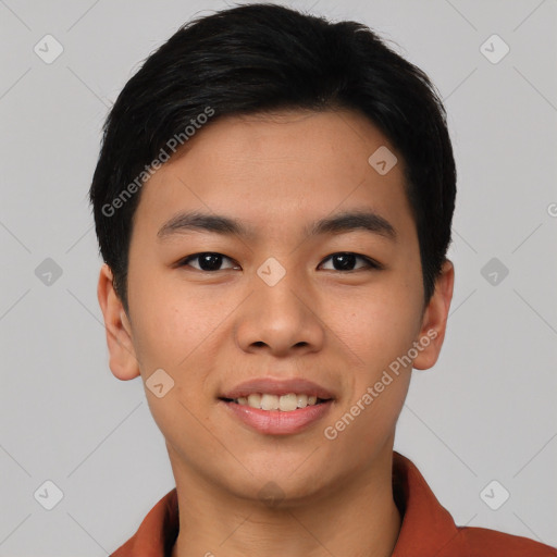 Joyful asian young-adult male with short  black hair and brown eyes