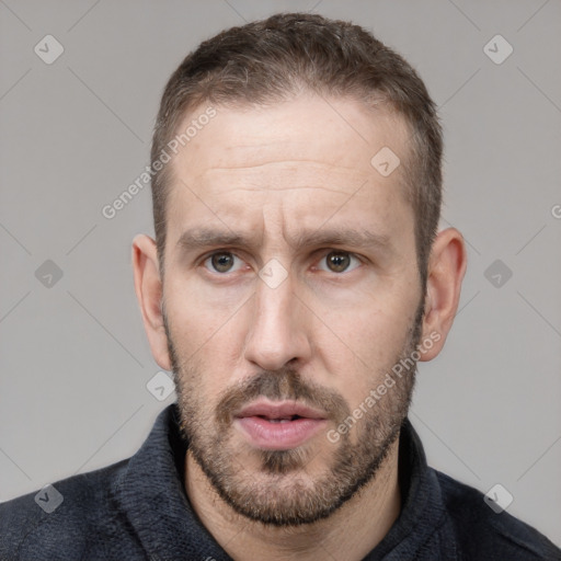 Neutral white adult male with short  brown hair and brown eyes