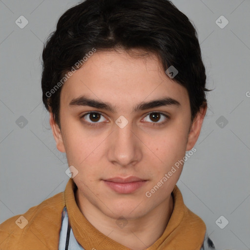 Neutral white young-adult male with short  brown hair and brown eyes