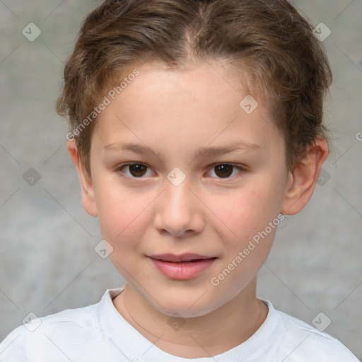 Joyful white child female with short  brown hair and brown eyes