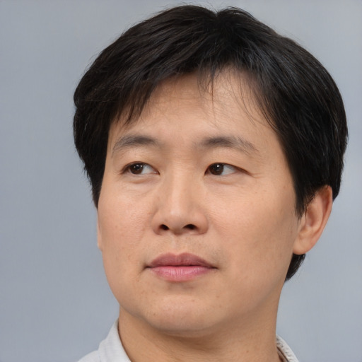 Neutral asian adult male with short  brown hair and brown eyes