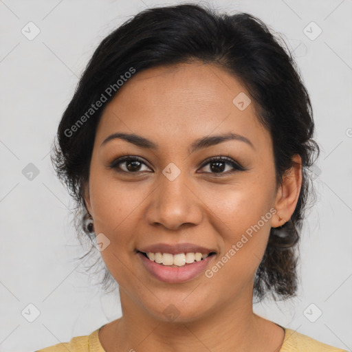 Joyful latino young-adult female with medium  brown hair and brown eyes