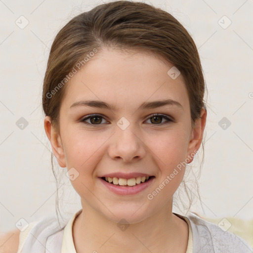 Joyful white child female with medium  brown hair and brown eyes