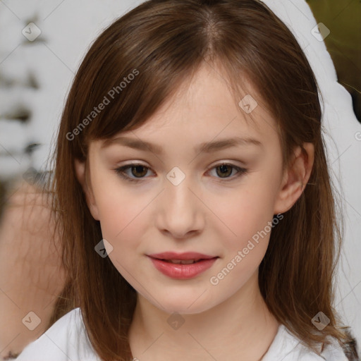 Joyful white child female with medium  brown hair and brown eyes