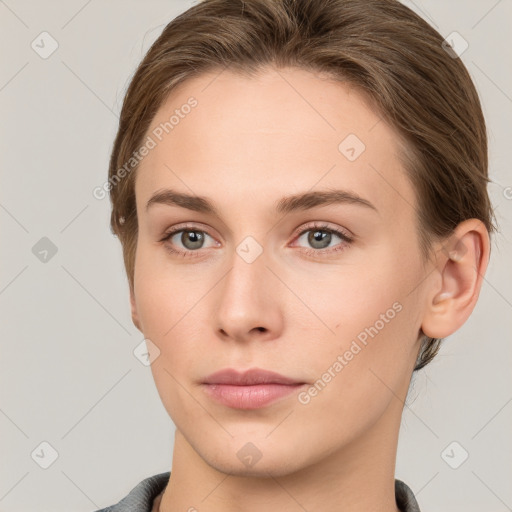 Neutral white young-adult female with medium  brown hair and grey eyes