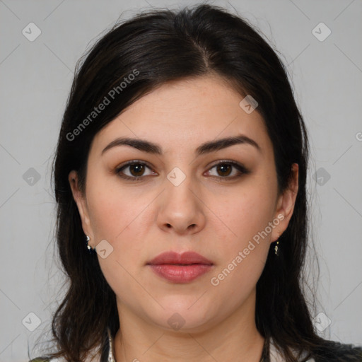 Neutral white young-adult female with medium  brown hair and brown eyes