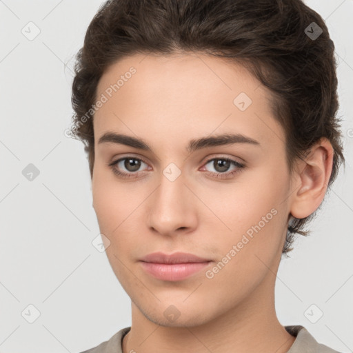 Neutral white young-adult female with short  brown hair and brown eyes