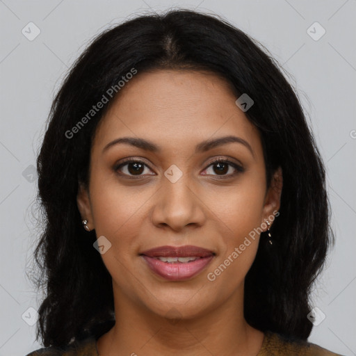 Joyful latino young-adult female with long  brown hair and brown eyes