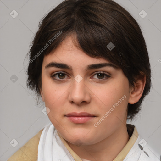 Joyful white young-adult female with medium  brown hair and brown eyes