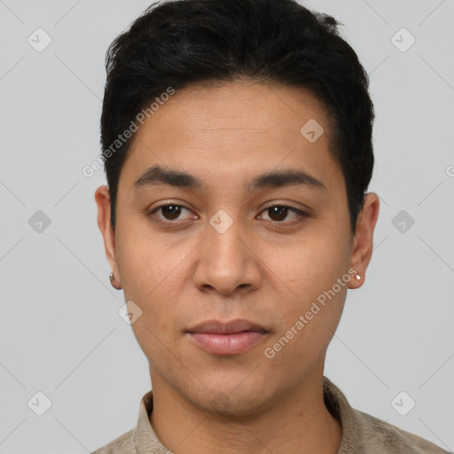 Neutral latino young-adult male with short  black hair and brown eyes