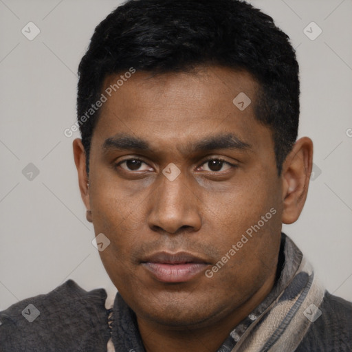 Neutral black young-adult male with short  black hair and brown eyes