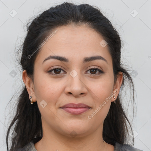 Joyful latino young-adult female with medium  brown hair and brown eyes