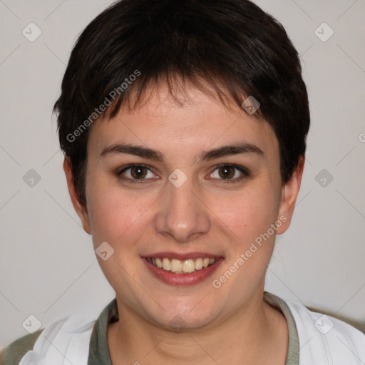 Joyful white young-adult female with short  brown hair and brown eyes