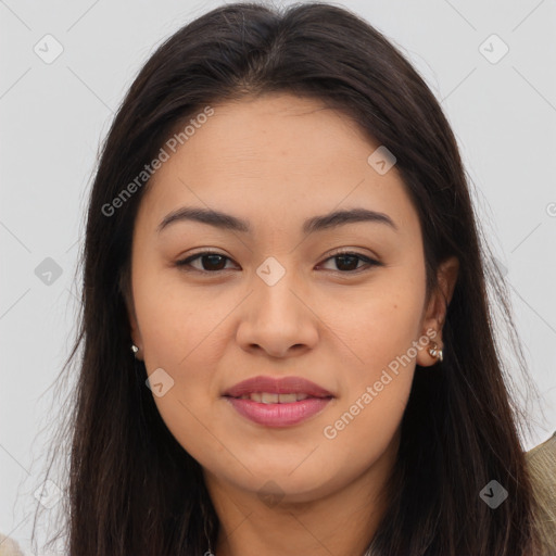 Joyful asian young-adult female with long  brown hair and brown eyes