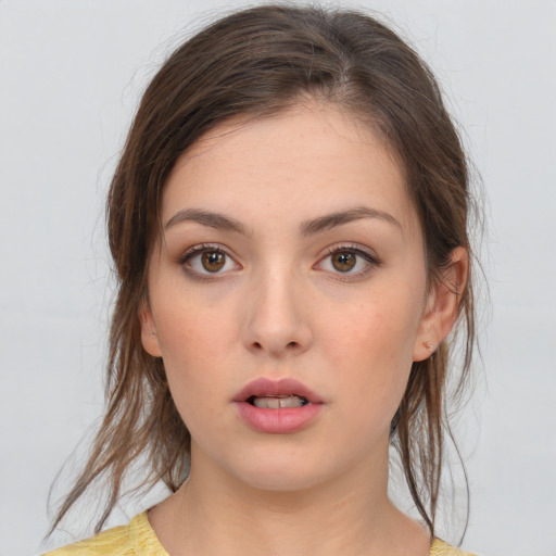 Neutral white young-adult female with medium  brown hair and brown eyes