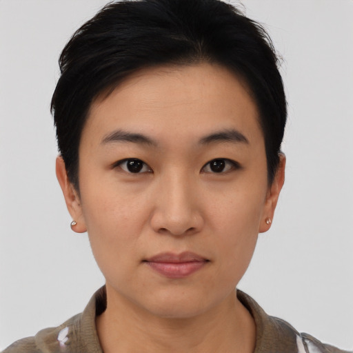 Neutral asian young-adult female with short  black hair and brown eyes