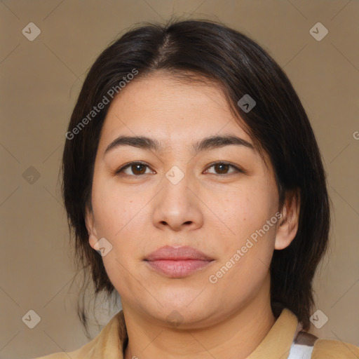 Neutral asian young-adult female with medium  brown hair and brown eyes