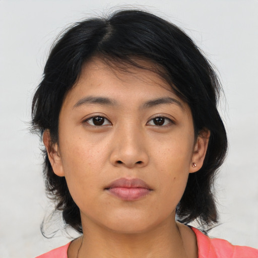 Neutral asian young-adult female with medium  black hair and brown eyes