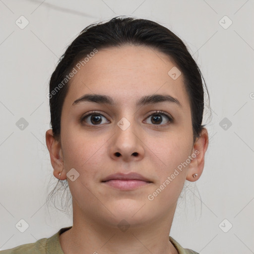 Neutral white young-adult female with medium  brown hair and brown eyes