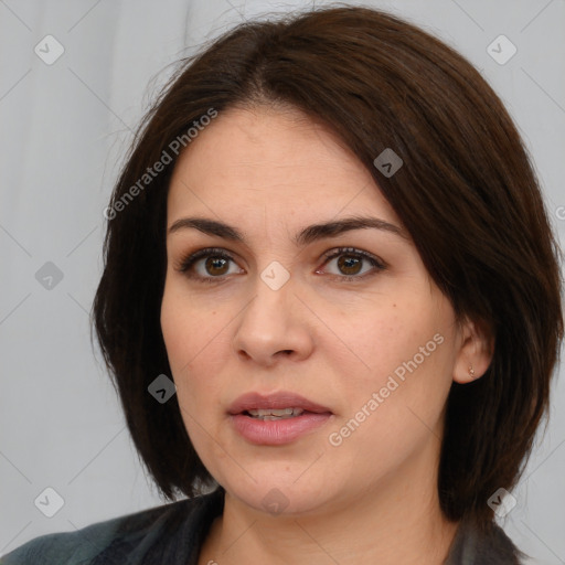 Neutral white young-adult female with medium  brown hair and brown eyes