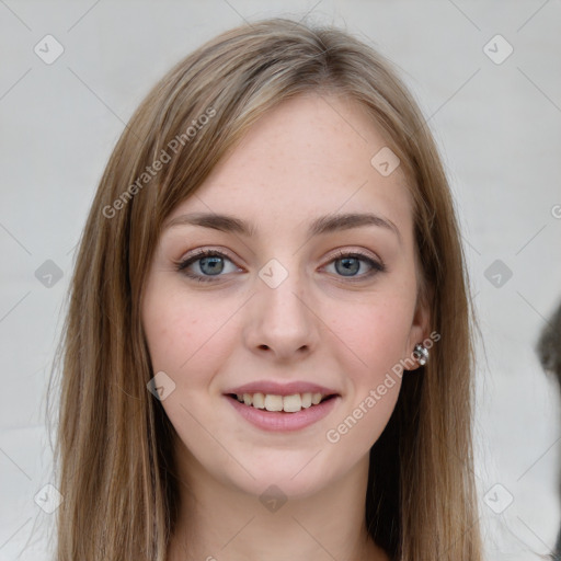 Joyful white young-adult female with long  brown hair and grey eyes