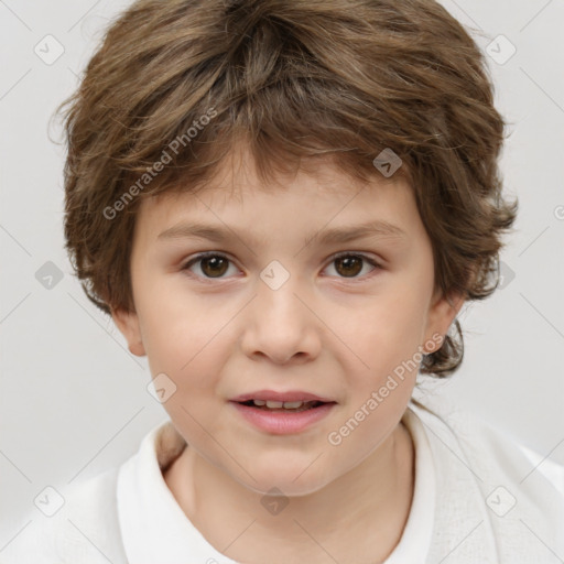 Joyful white child female with medium  brown hair and brown eyes