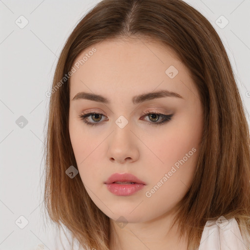 Neutral white young-adult female with long  brown hair and brown eyes