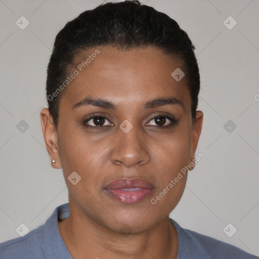 Joyful black young-adult female with short  black hair and brown eyes