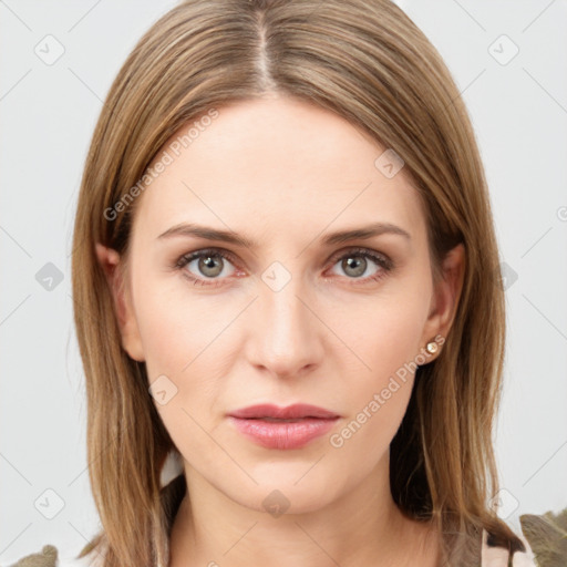 Neutral white young-adult female with medium  brown hair and grey eyes