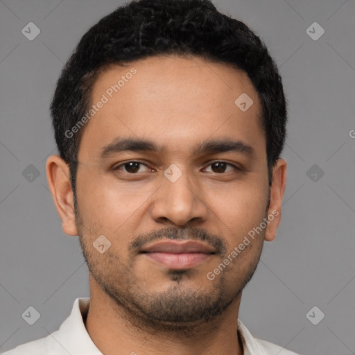 Neutral latino young-adult male with short  black hair and brown eyes