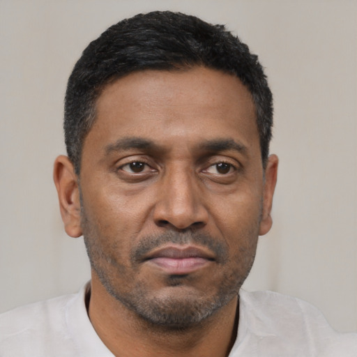 Neutral latino adult male with short  black hair and brown eyes
