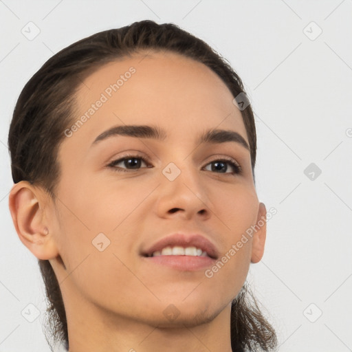 Neutral white young-adult female with medium  brown hair and brown eyes