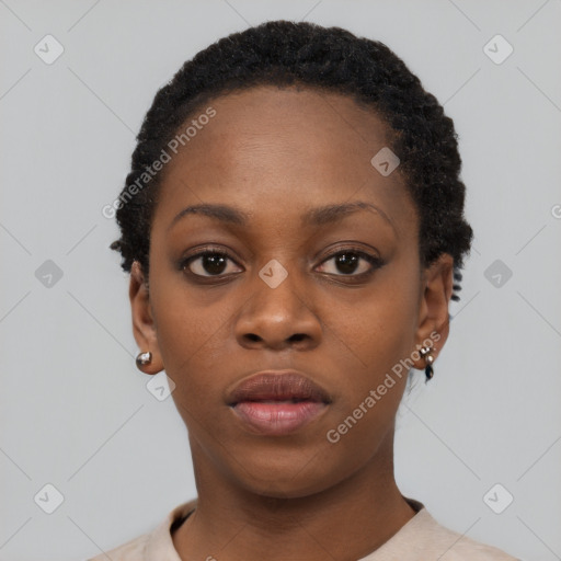 Neutral black young-adult female with short  black hair and brown eyes